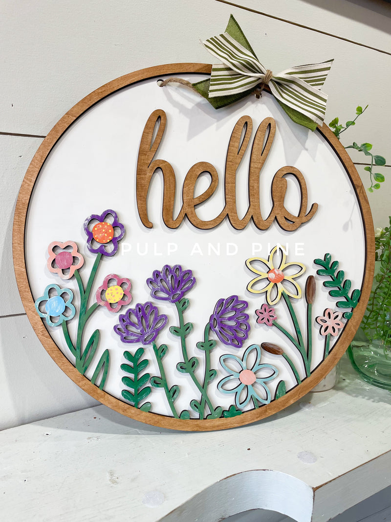 Hello w/Wildflowers (3D Door Hanger)