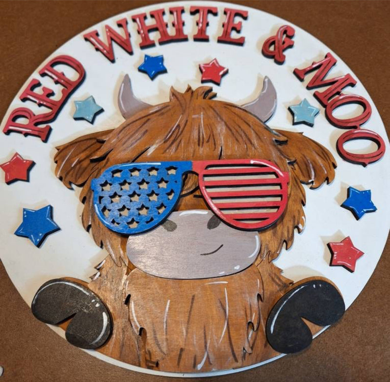 Red White & Moo Highland Cow Patriotic (3D Door Hanger)