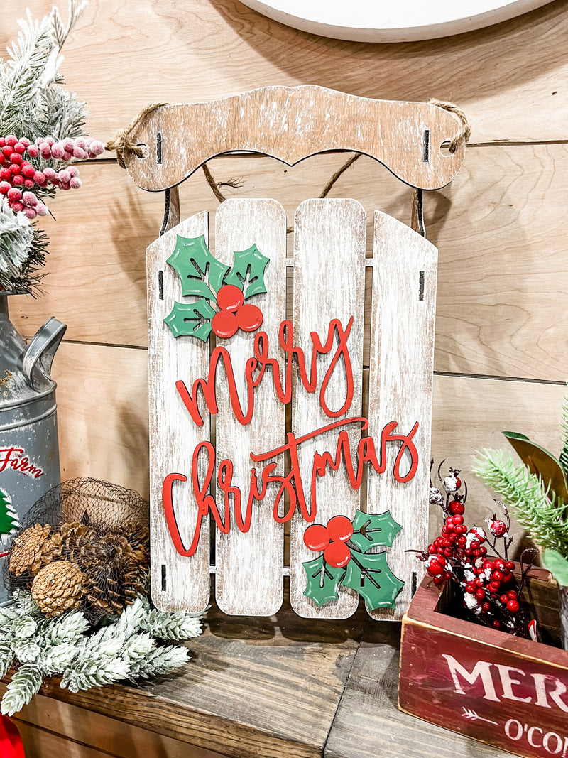 Merry Christmas with holly Sled Door hanger